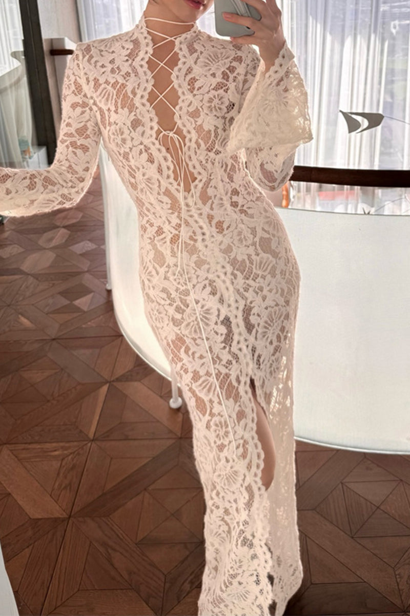 W&W Mode | Sexy Spitze Durchsichtige Trägerdesign V-Ausschnitt Spitze Kleid Kleider