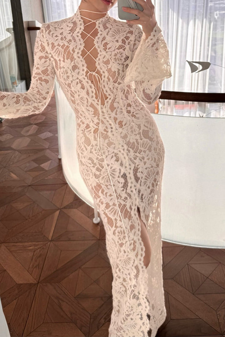 W&W Mode | Sexy Spitze Durchsichtige Trägerdesign V-Ausschnitt Spitze Kleid Kleider