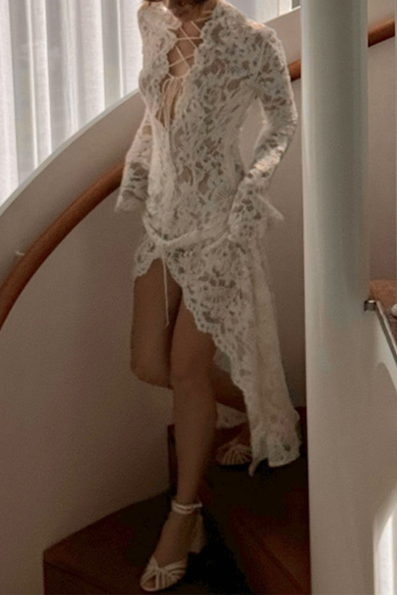 WW | Sexy Spitze Durchsichtige Trägerdesign V-Ausschnitt Spitze Kleid Kleider