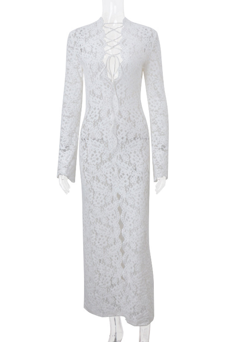 WW | Sexy Spitze Durchsichtige Trägerdesign V-Ausschnitt Spitze Kleid Kleider