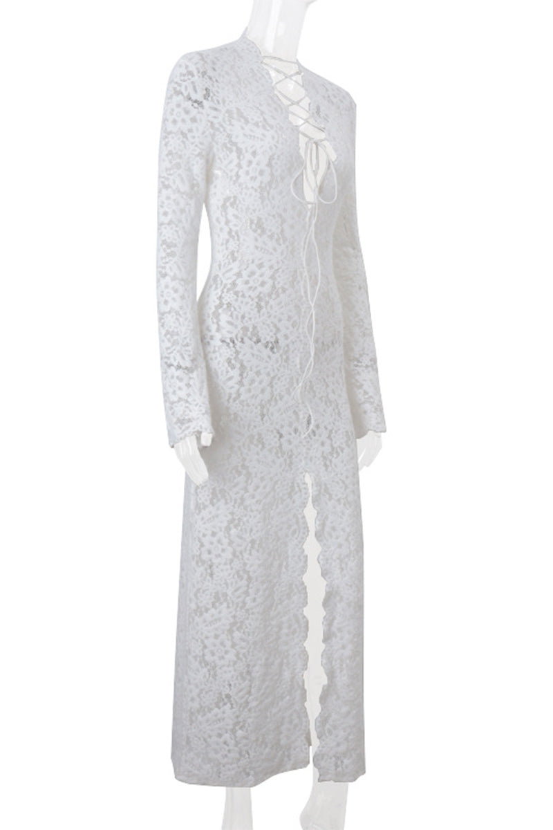 WW | Sexy Spitze Durchsichtige Trägerdesign V-Ausschnitt Spitze Kleid Kleider