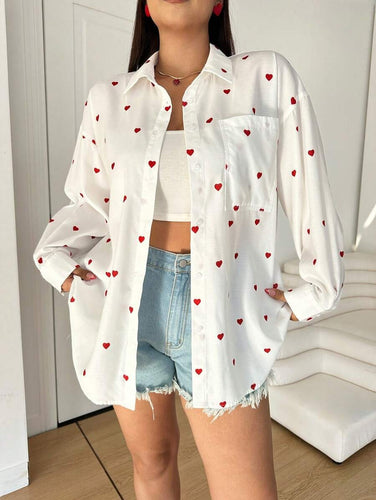 WW | Lässige Baumwollbluse Mit Gestickten Herzen Für Damen