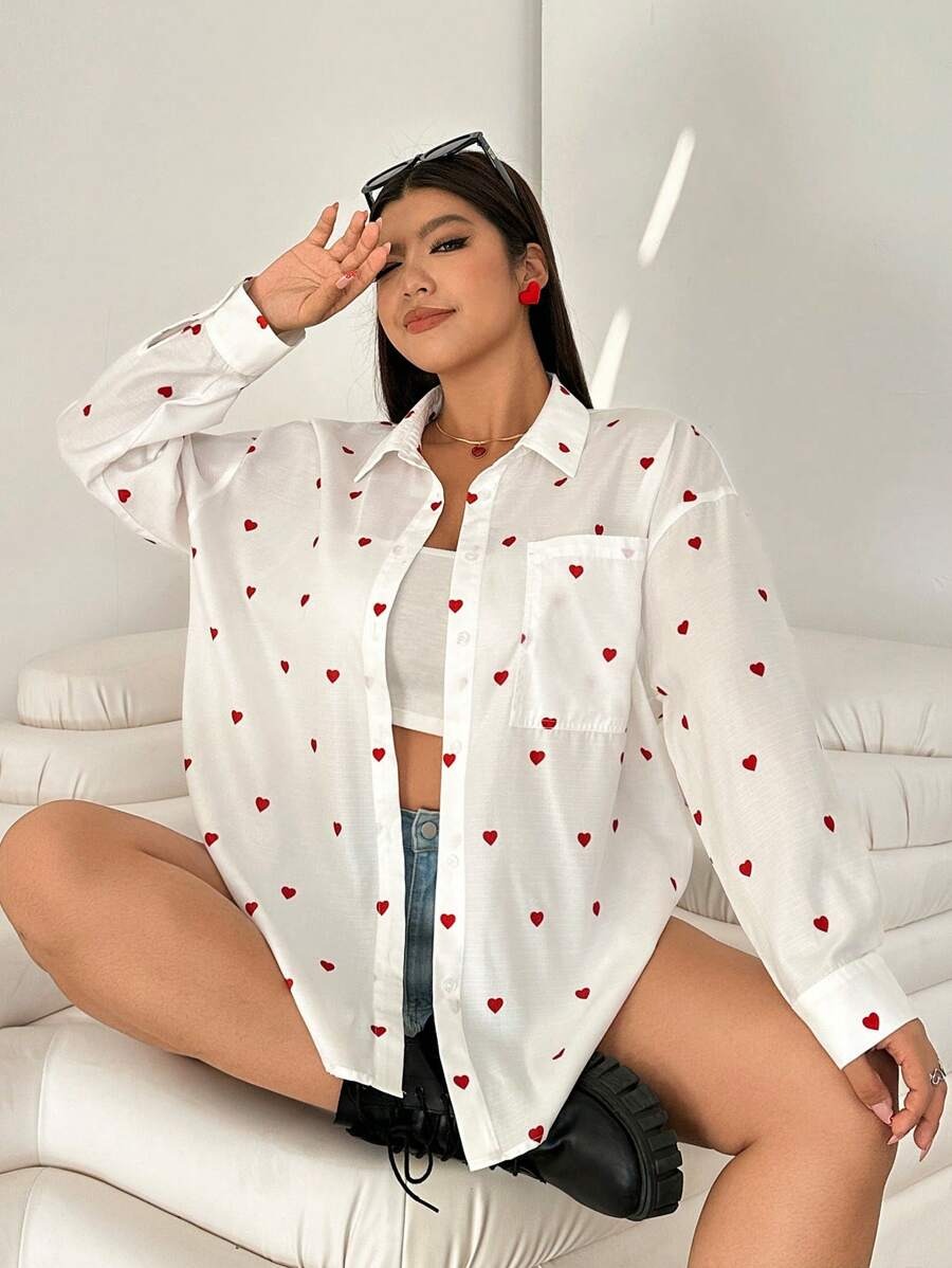 WW | Lässige Baumwollbluse Mit Gestickten Herzen Für Damen