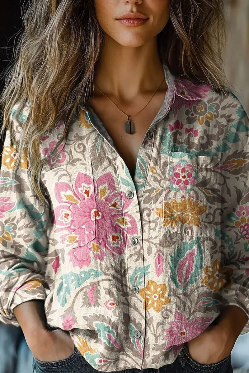 WW | Lässige Bluse mit Floralem Print und Kontrastierendem Umschlagkragen - 6 Farben