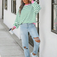 WW | Gestreiftes Sweatshirt mit Rosa Details für Damen