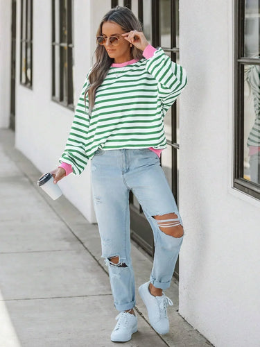 WW | Gestreiftes Sweatshirt mit Rosa Details für Damen