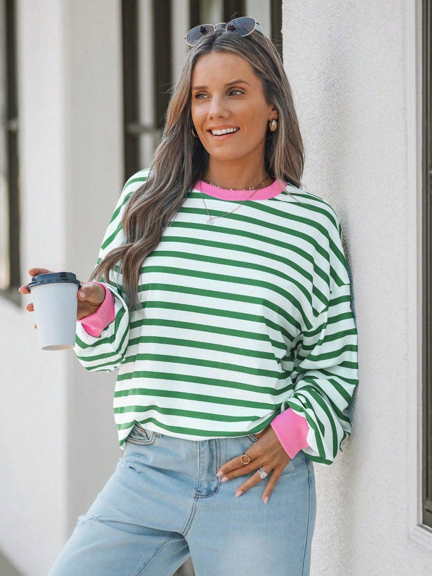 WW | Gestreiftes Sweatshirt mit Rosa Details für Damen