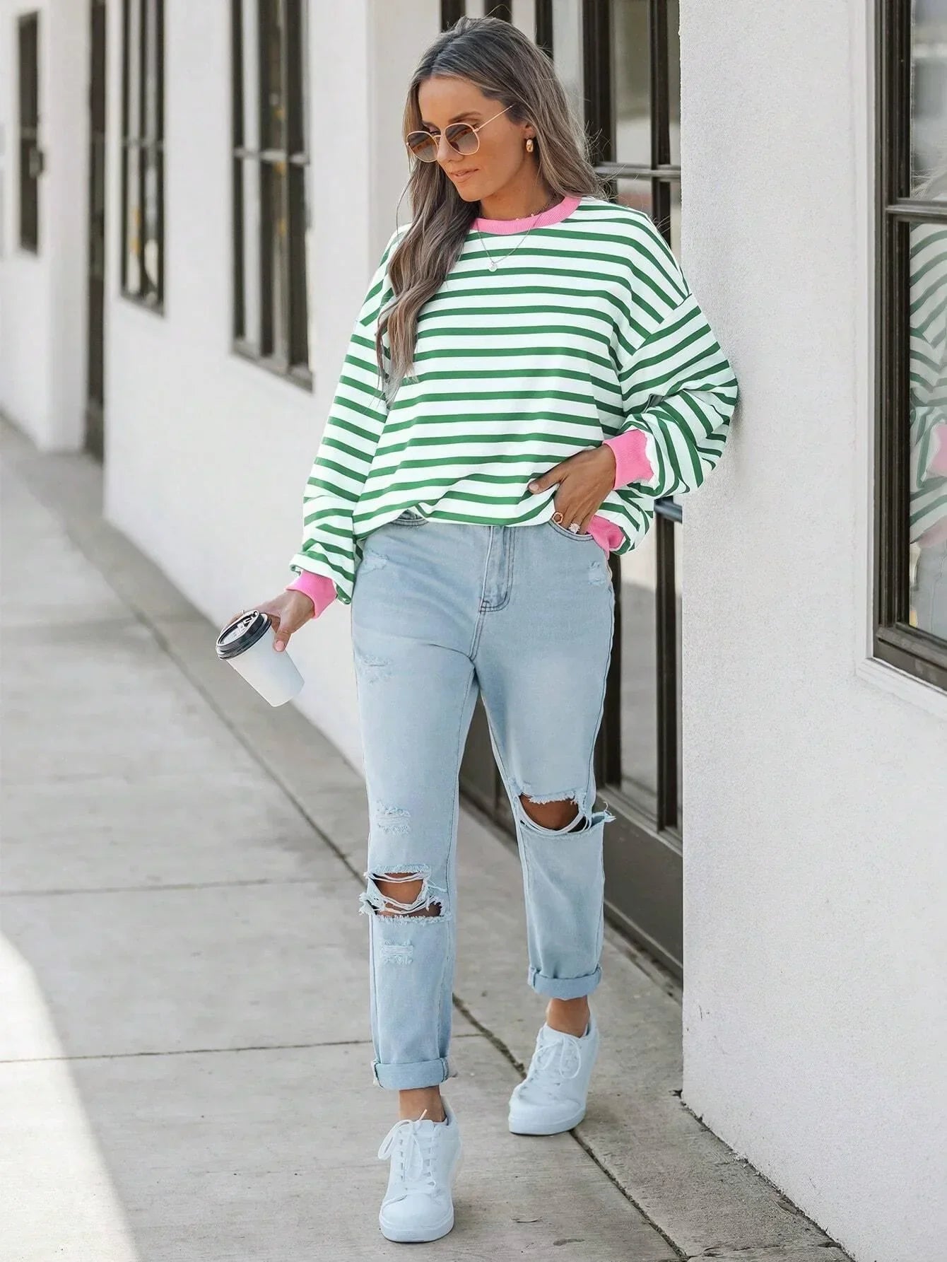 WW | Gestreiftes Sweatshirt mit Rosa Details für Damen