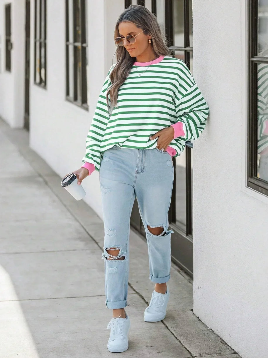 WW | Gestreiftes Sweatshirt mit Rosa Details für Damen