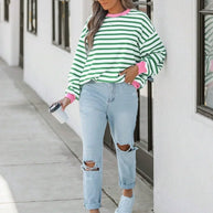 WW | Gestreiftes Sweatshirt mit Rosa Details für Damen
