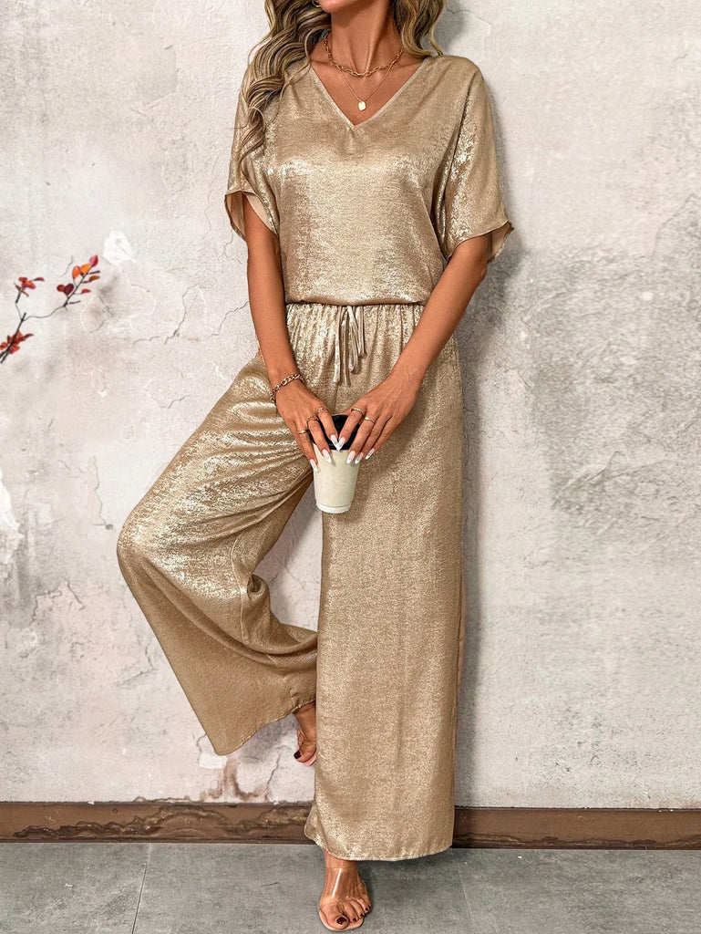 WW | Clasi 2pcs/satz Damen Goldfolie V-ausschnitt Lockere Bluse + Elastischer Taillen Weiter Beinhose, Lässiges Outfit Sommer Zwei Stück Satz Sommer Outfits Für Frauen Lehrer Outfits Für Frauen