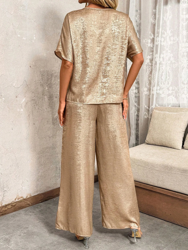 WW | Clasi 2pcs/satz Damen Goldfolie V-ausschnitt Lockere Bluse + Elastischer Taillen Weiter Beinhose, Lässiges Outfit Sommer Zwei Stück Satz Sommer Outfits Für Frauen Lehrer Outfits Für Frauen