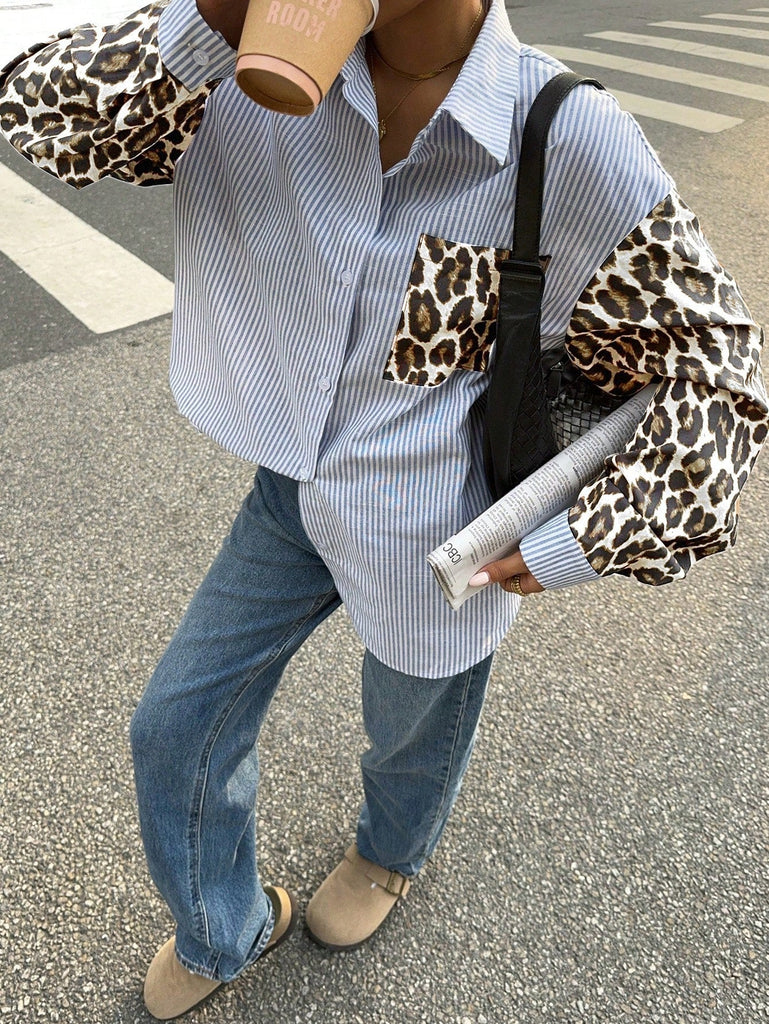 WW | Gaze Frauen Leoparden Patchwork Gestreifte Lange Ärmel Freizeitbluse, Retro Frauen Blusen, Herbst Frauen Kleider, Frauen Hemden, Formelle Frauen Kleider, Street Style Hemden, Leoparden Hemden