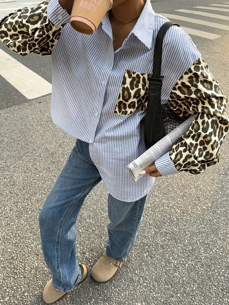 WW | Gaze Frauen Leoparden Patchwork Gestreifte Lange Ärmel Freizeitbluse, Retro Frauen Blusen, Herbst Frauen Kleider, Frauen Hemden, Formelle Frauen Kleider, Street Style Hemden, Leoparden Hemden