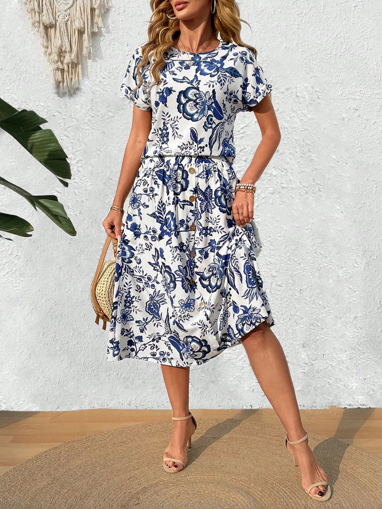 WW | Blumiges zweiteiliges Set mit Midirock für Damen