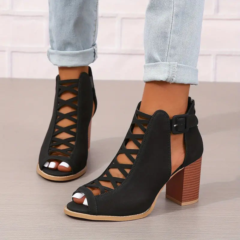 WW | Wunderschöne Peep Toe Sandalen Vintage Stil mit Dickem Absatz