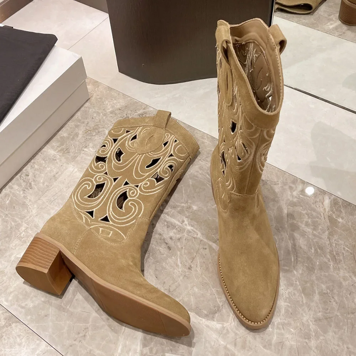 W&W Mode | Bestickte Westernstiefel Damen mit Dekorativen Ausschnitten, Cowboystiefel Damen