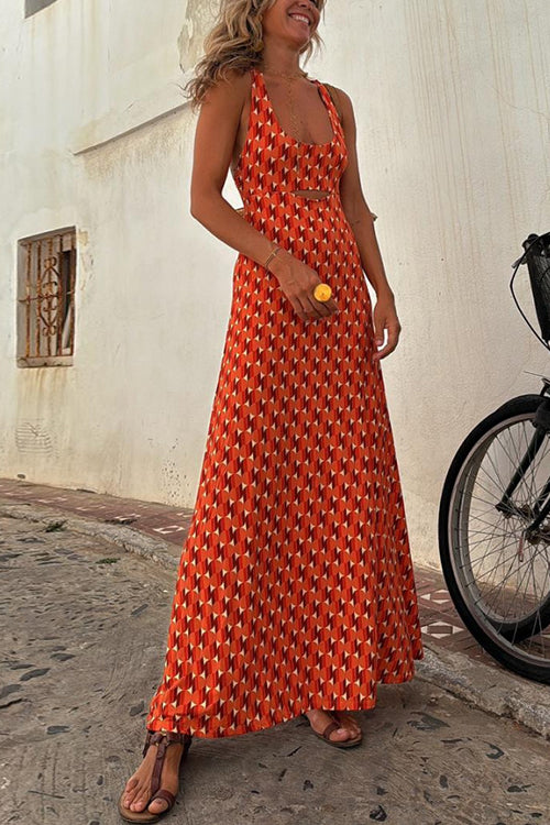 W&W Mode | Scoop Neck Rückenfreies Geometrisches Print Maxi Cami Kleid