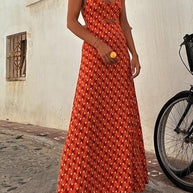 WW | Scoop Neck Rückenfreies Geometrisches Print Maxi Cami Kleid