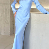 WW | Rosiedress Rundhals Lange Ärmel Satin Maxi Partykleid