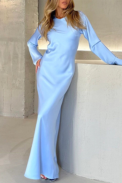 WW | Rosiedress Rundhals Lange Ärmel Satin Maxi Partykleid