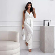 WW | Ärmelloser Jumpsuit V-ausschnitt Wickelstil Weit Geschnitten Verstellbarer Taillengürtel