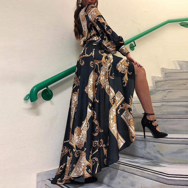 Damen Asymmetrisches Maxikleid mit elegantem Barockmuster und tiefem Schlitz W&W Mode