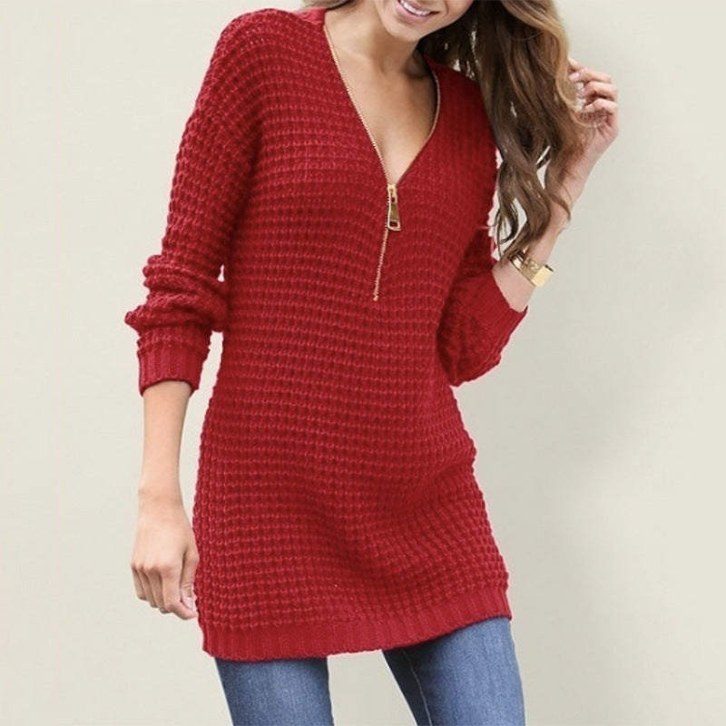 Damen Strickpullover mit V-Ausschnitt und hohem Reißverschluss WW
