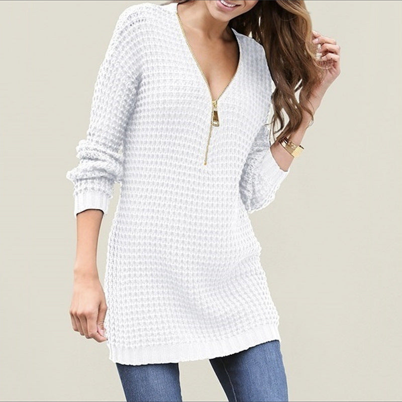 Damen Strickpullover mit V-Ausschnitt und hohem Reißverschluss WW