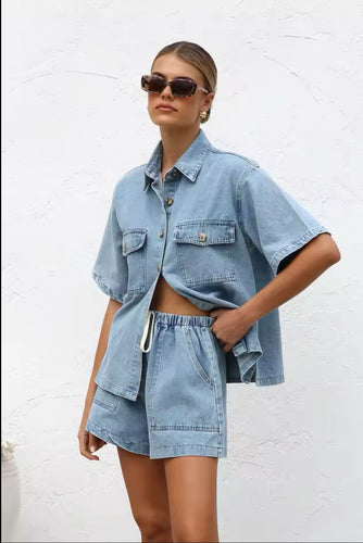 WW | Lässiges Jeans Set Mit Übergröße Hemd & Shorts