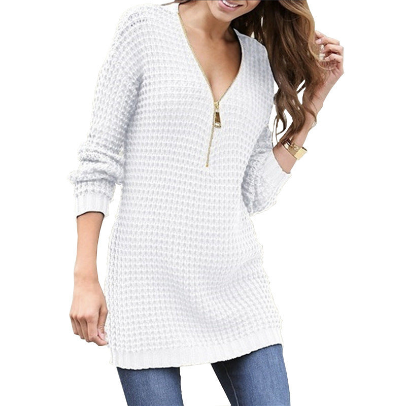 Damen Strickpullover mit V-Ausschnitt und hohem Reißverschluss WW