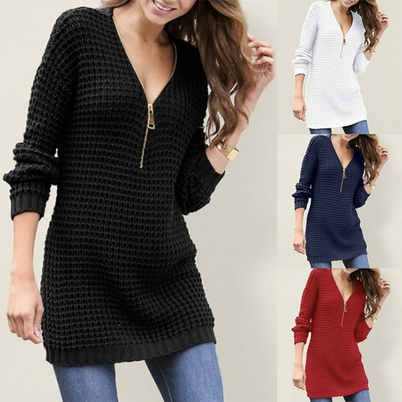 Damen Strickpullover mit V-Ausschnitt und hohem Reißverschluss WW