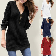Damen Strickpullover mit V-Ausschnitt und hohem Reißverschluss WW
