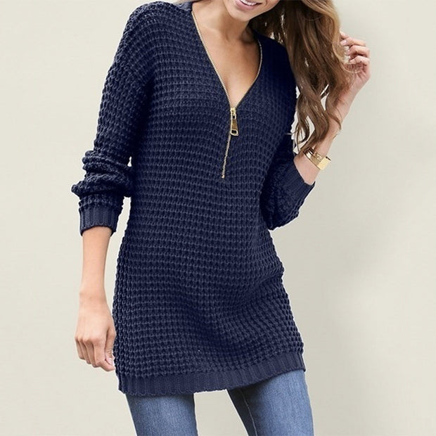 Damen Strickpullover mit V-Ausschnitt und hohem Reißverschluss WW