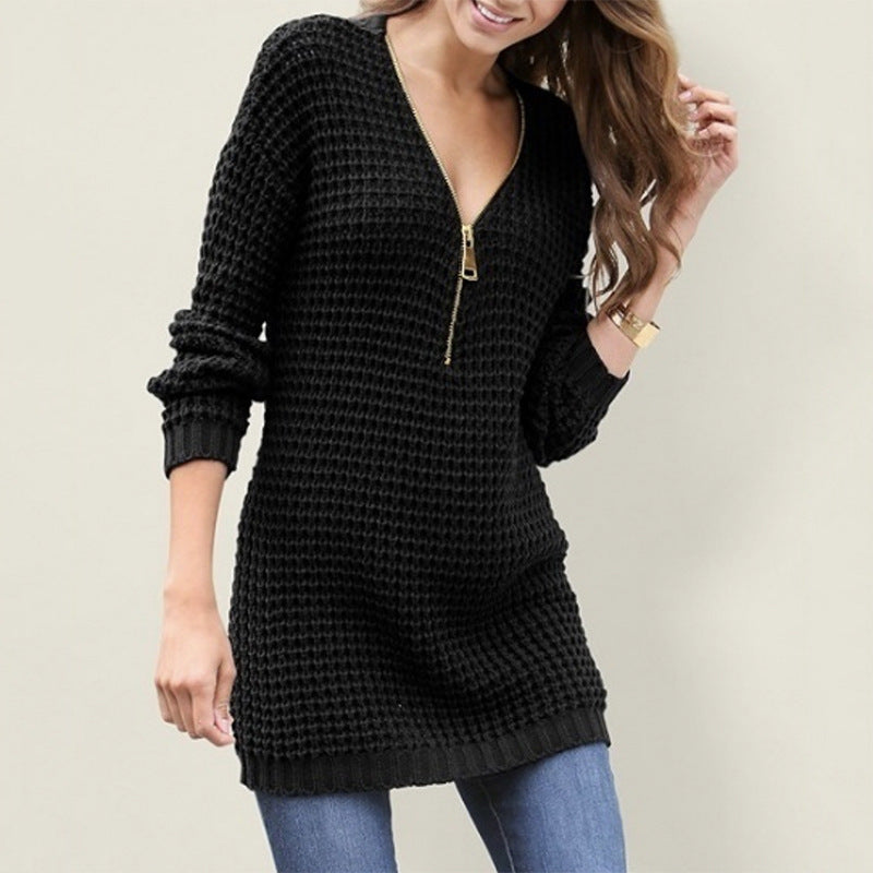 Damen Strickpullover mit V-Ausschnitt und hohem Reißverschluss WW