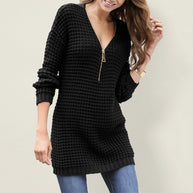 Damen Strickpullover mit V-Ausschnitt und hohem Reißverschluss WW