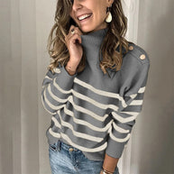 Damen Strickpullover mit stylish Streifenmuster und elegantem Stehkragen WW