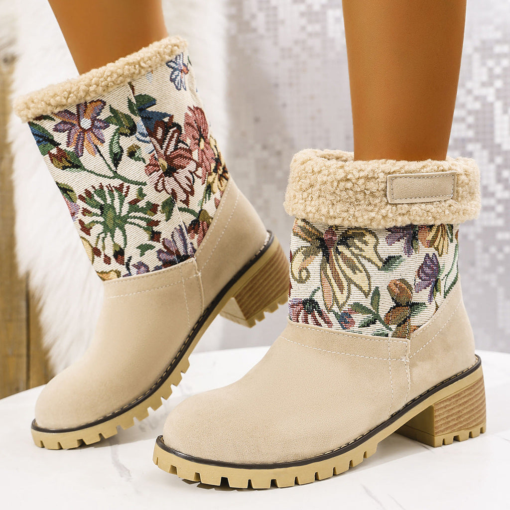 Wolff | Damen Stiefeletten - Winterstiefel mit Blumenmuster, warmem Futter und stabilem Absatz