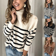 Damen Strickpullover mit stylish Streifenmuster und elegantem Stehkragen WW