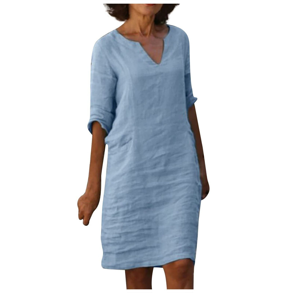 WW | Baumwolle und Leinen V-Ausschnitt Kleid Sommer Nähen Retro Hohe Taille Einfarbige Kleider