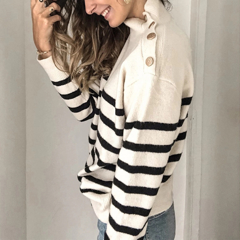 Damen Strickpullover mit stylish Streifenmuster und elegantem Stehkragen WW