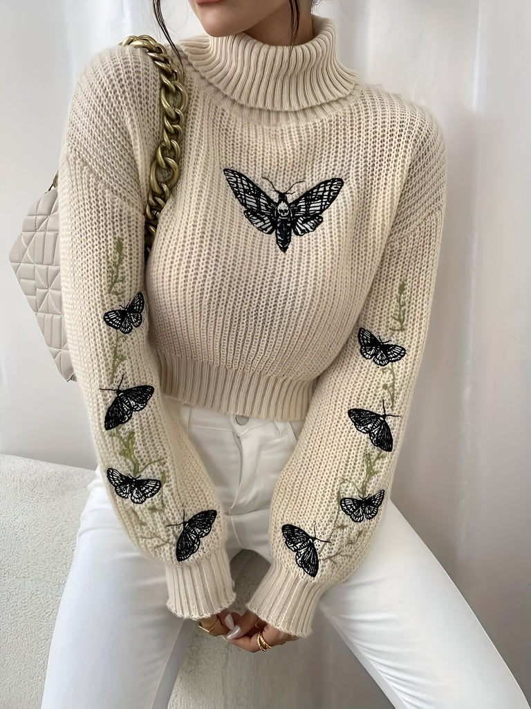 WW | Eleganter Cropped Rollkragenpullover mit Schmetterlingsmuster