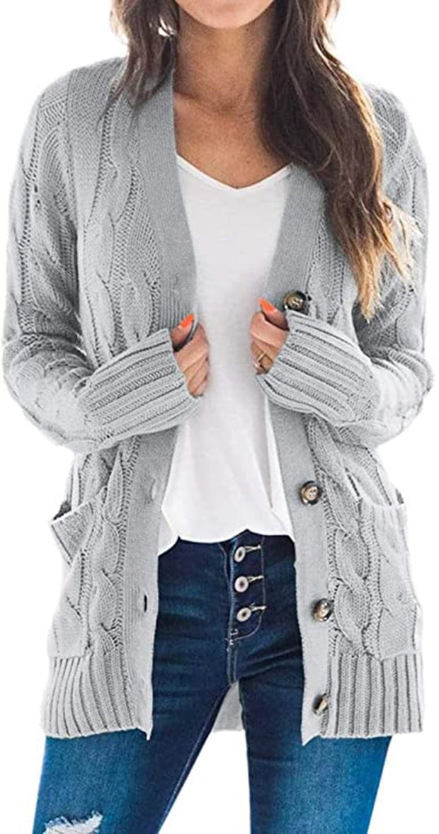 Damen Strickjacke mit grobem Zopfdesign und praktischen Taschen WW