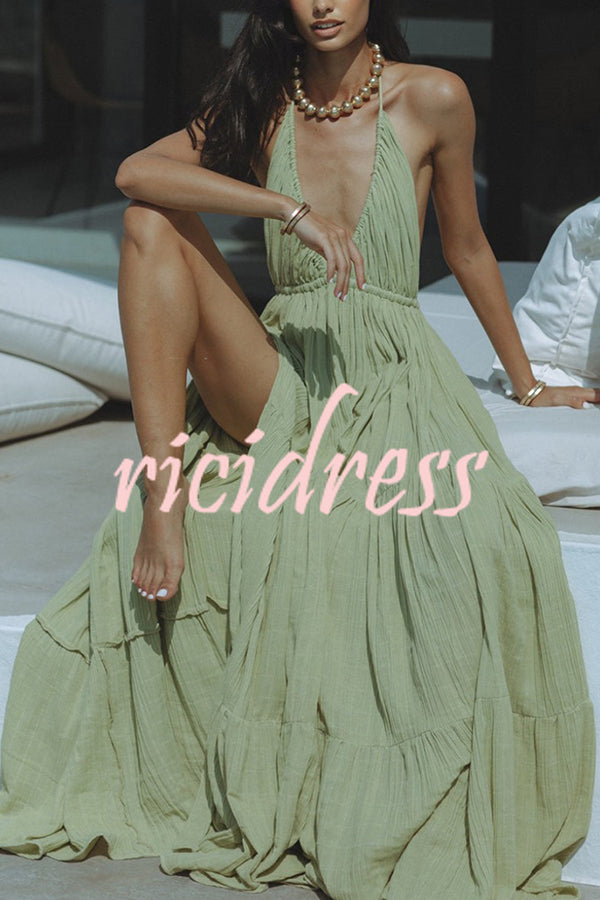 W&W Mode – Neckholder-Maxikleid aus Leinenmischung mit rückenfreiem Schlitz