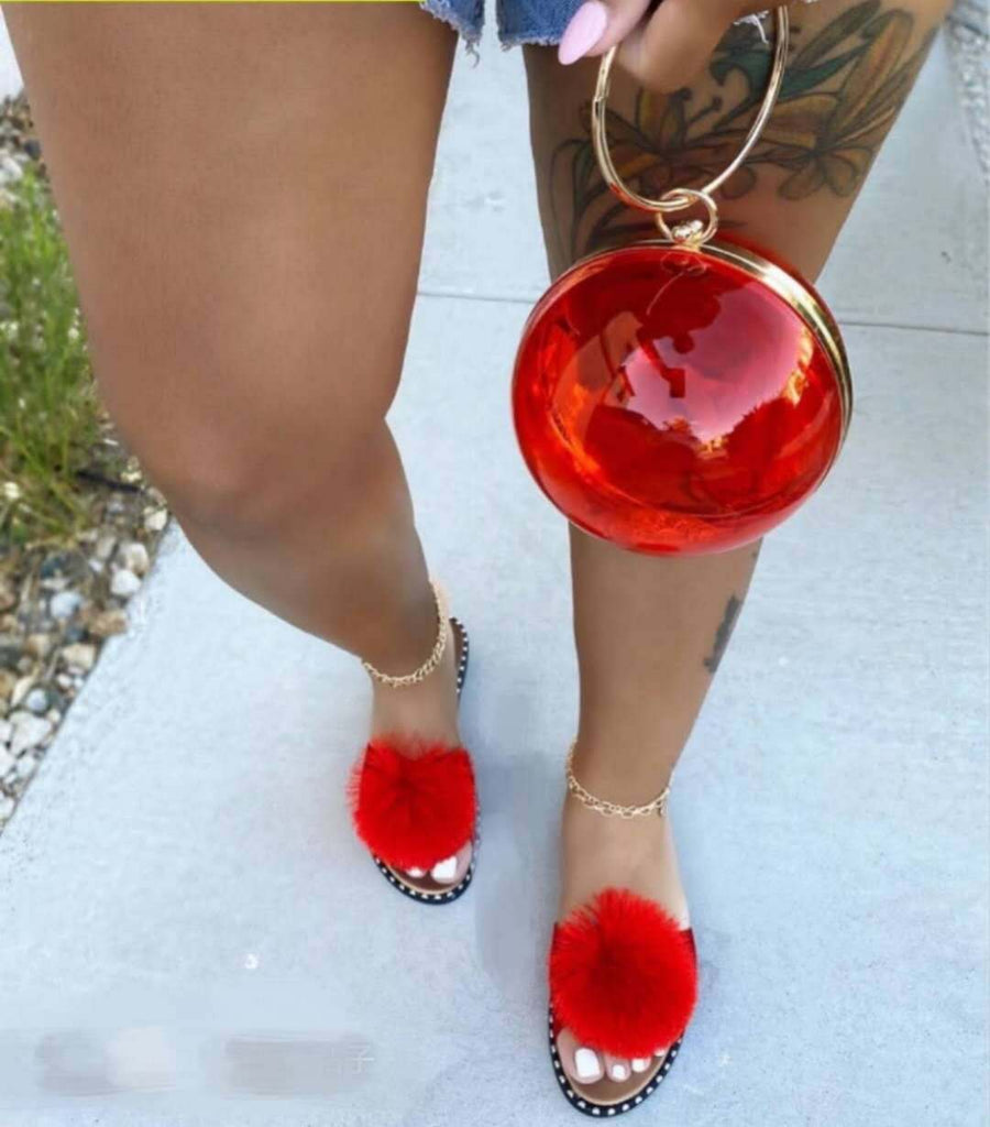 Damen Pantoletten mit pompösem Kunstfussel und eleganter Applikation WW