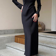 WW | Rosiedress Rundhals Lange Ärmel Satin Maxi Partykleid
