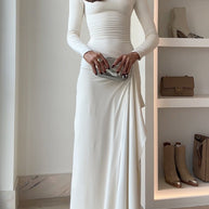 WW | Lange Ärmel Drapiertes Schlitz Maxi Party Kleid