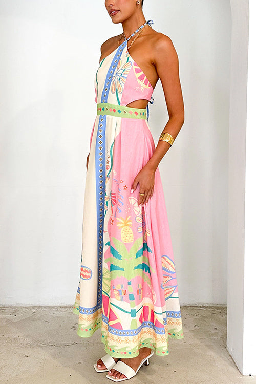 WW | Halter Schnürung Rückenfreies Rio Print Maxi Kleid