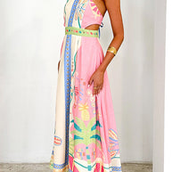 WW | Halter Schnürung Rückenfreies Rio Print Maxi Kleid