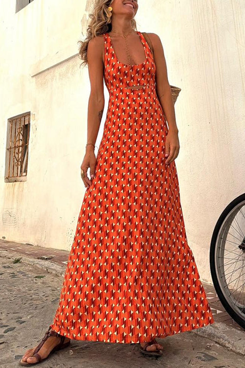 W&W Mode | Scoop Neck Rückenfreies Geometrisches Print Maxi Cami Kleid